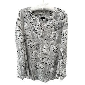 TALBOTS | Black White Paisley Long Sleeve V Neck Blouse Top Office | Large